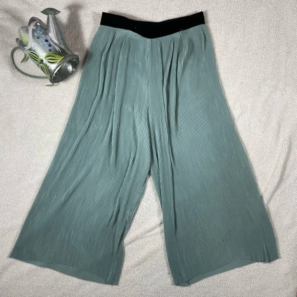 Zara Bohemian Green Highrise Ribbed Palazzo Flowy Cropped Pants Size Small - Picture 10 of 15